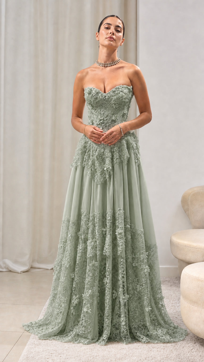Strapless Floral Appliqué Corset Evening Gown with Tiered Lace Tulle Skirt