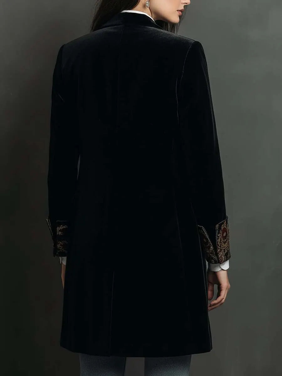 Timeless Vintage Luxury Black Velvet Blazer With Baroque Printed Lapel