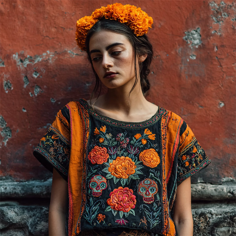 Day Of The Dead Sugar Skulls Marigolds Floral Embroidered Contrast Linen Shirt
