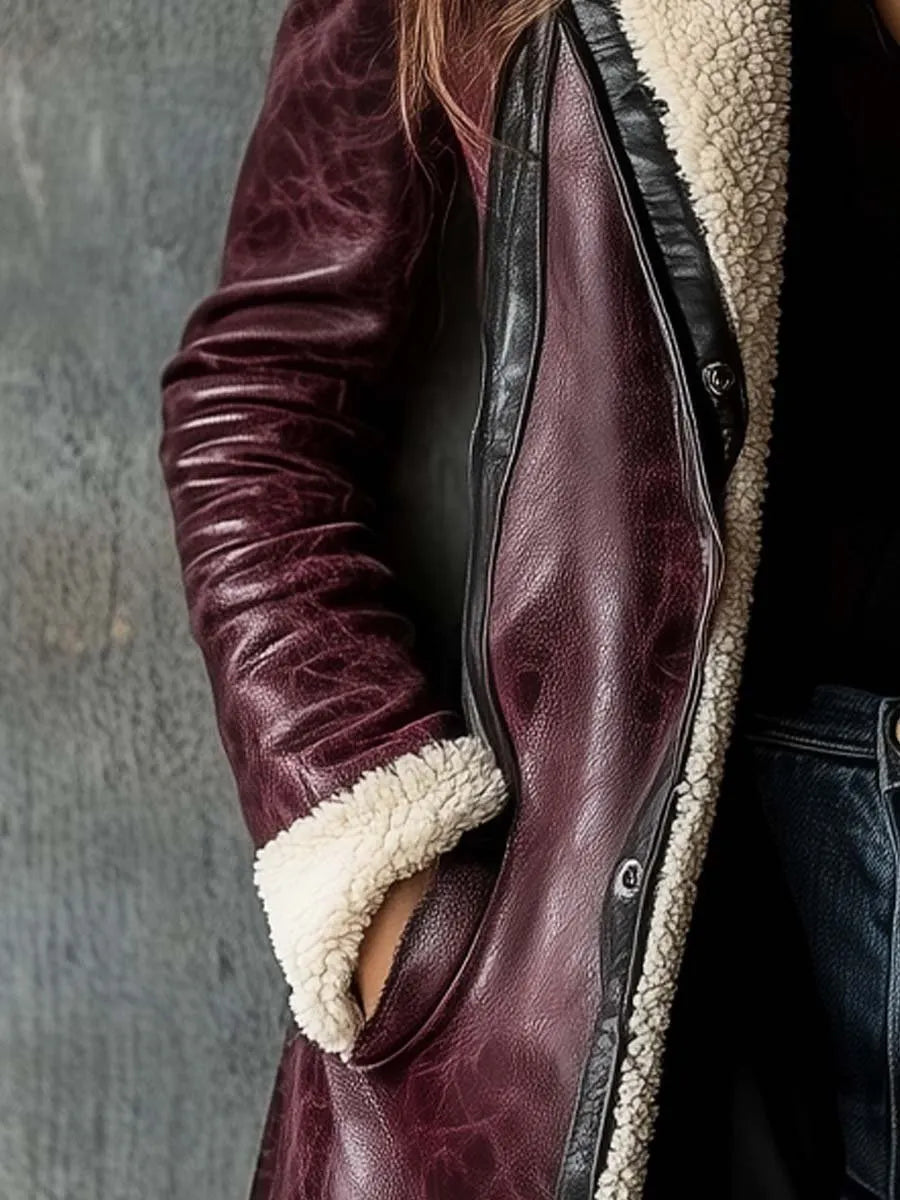 Women's Vintage Burgundy Lambskin Faux Leather Coat