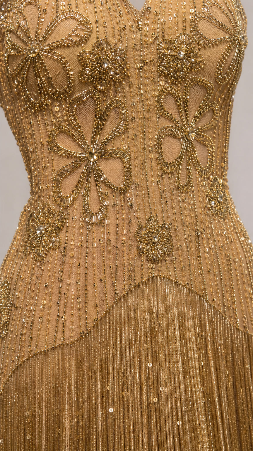 Strapless Embellished Beaded Fringe Maxi Evening Gown