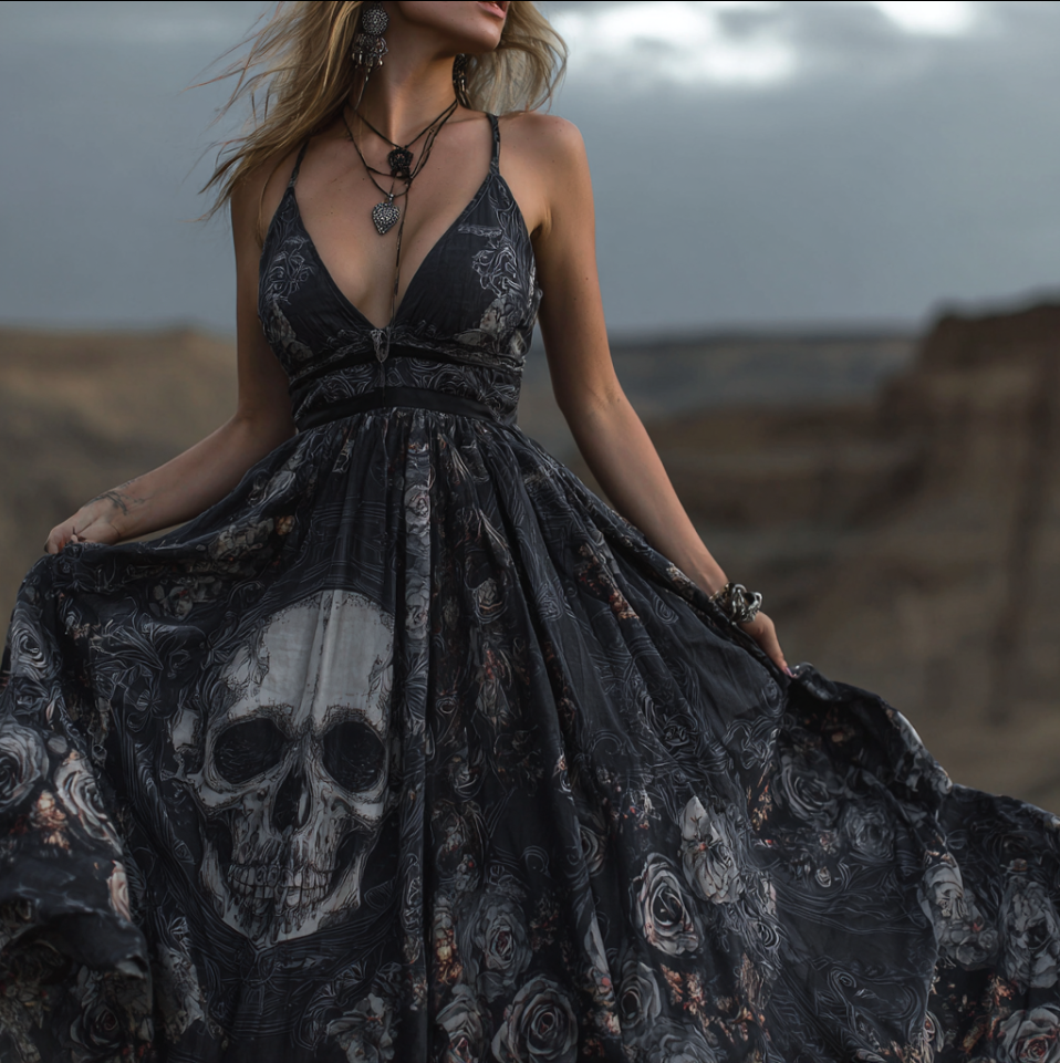 Halloween Gothic Skull Pattern Women's V-neck Long Dress