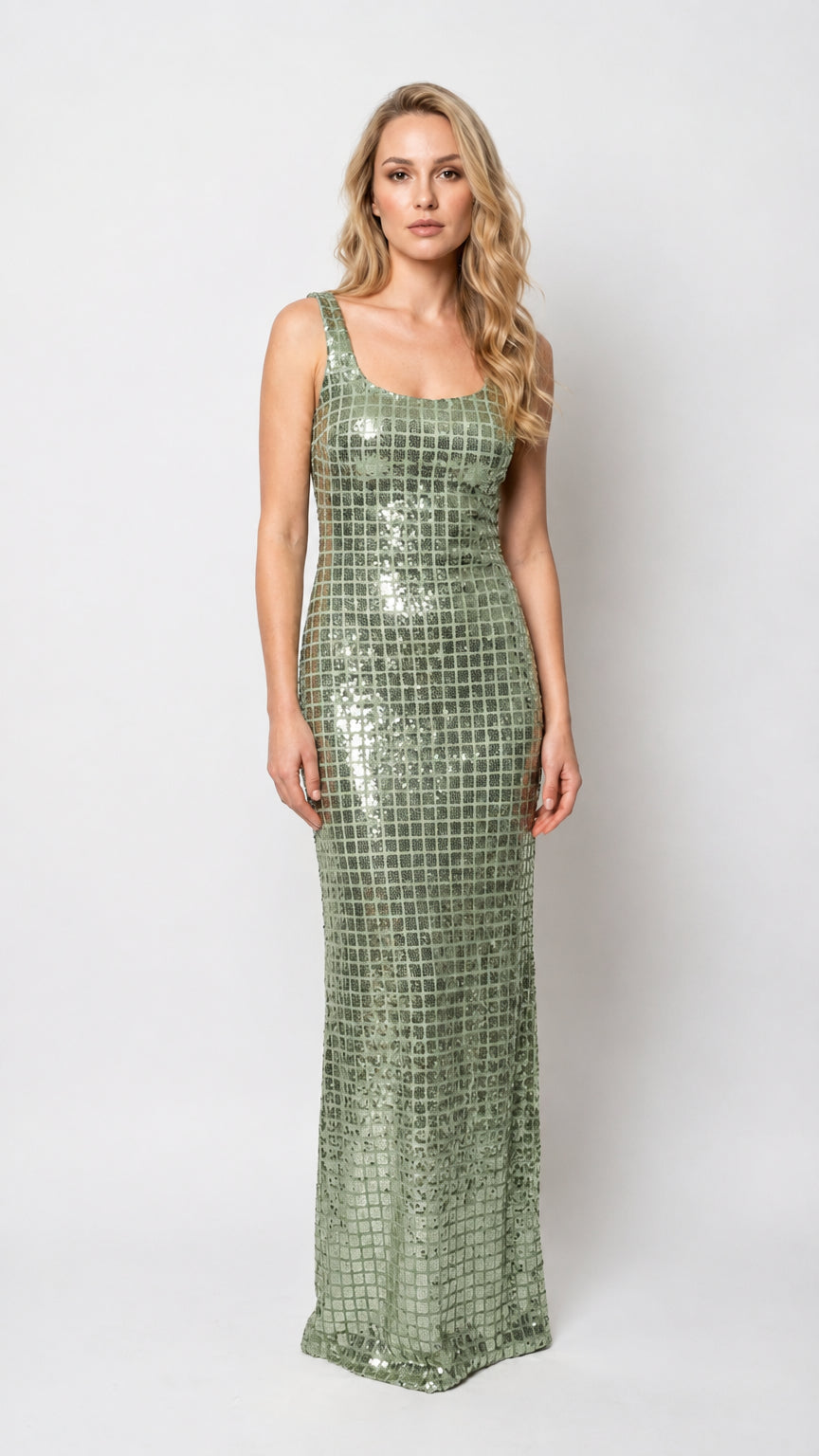 Square Neck Sequin Grid Maxi Column Evening Dress