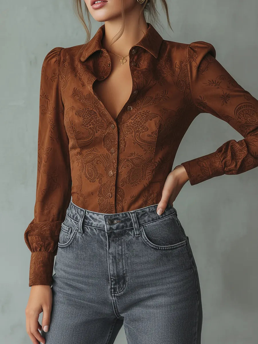 Retro Paisley Eco-friendly Suede Long-sleeved Blouse