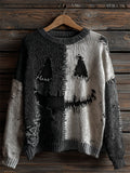 Halloween Pumpkin Face Contrast Stitched Cozy Knit Sweater