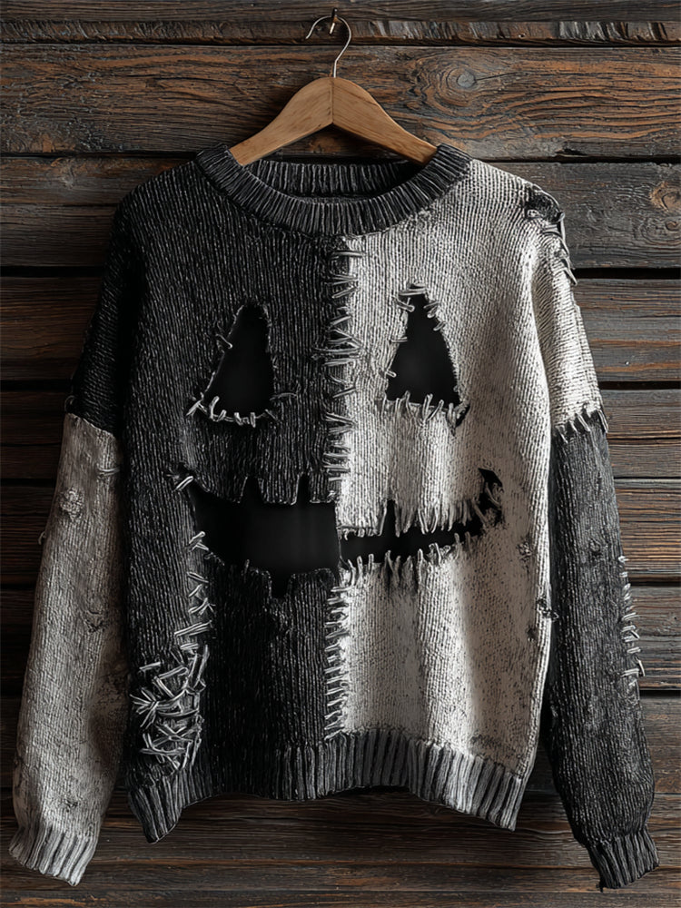 Halloween Pumpkin Face Contrast Stitched Cozy Knit Sweater