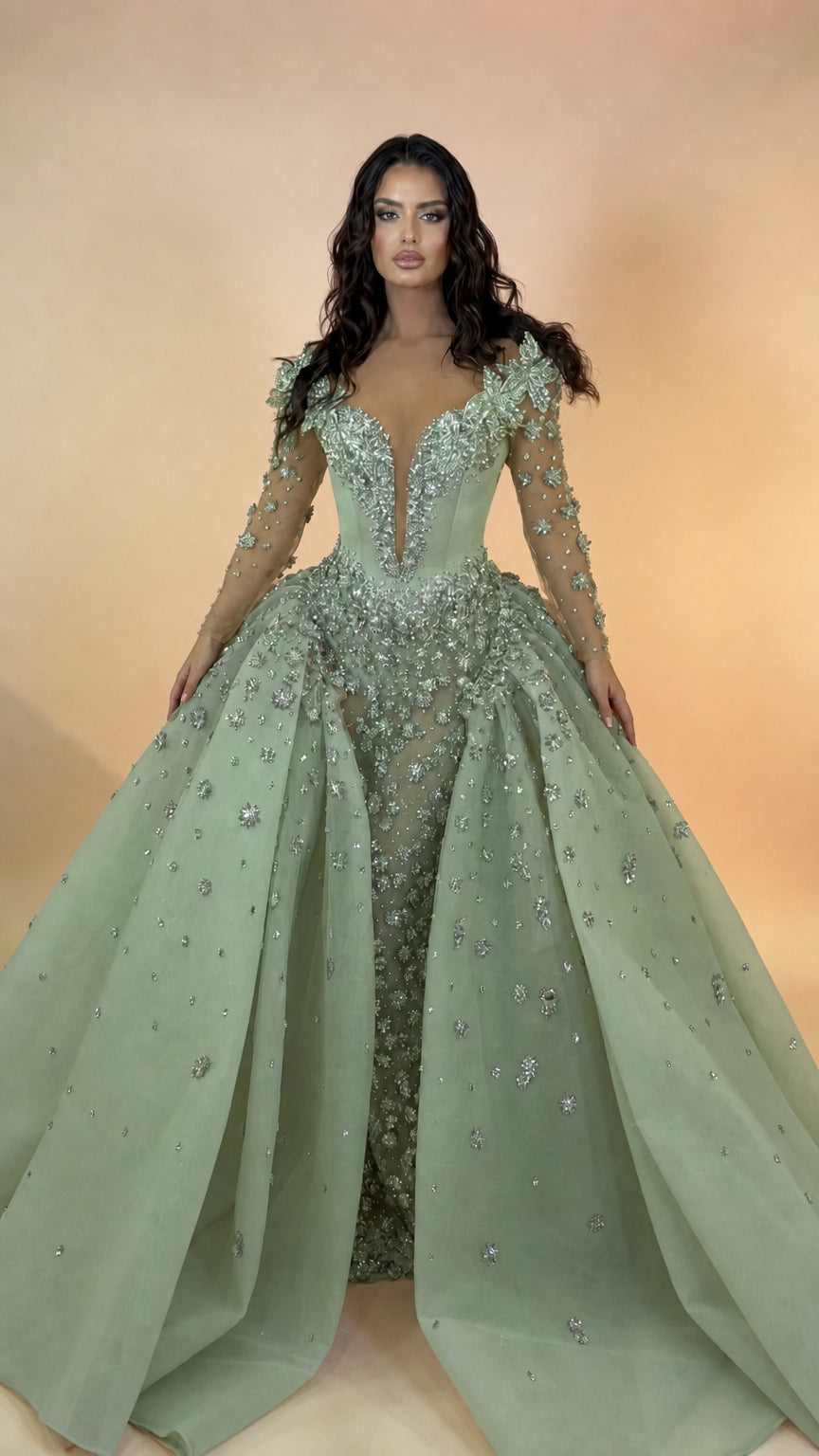Crystal Embellished Illusion Neckline Long Sleeve Ball Gown with Overskirt