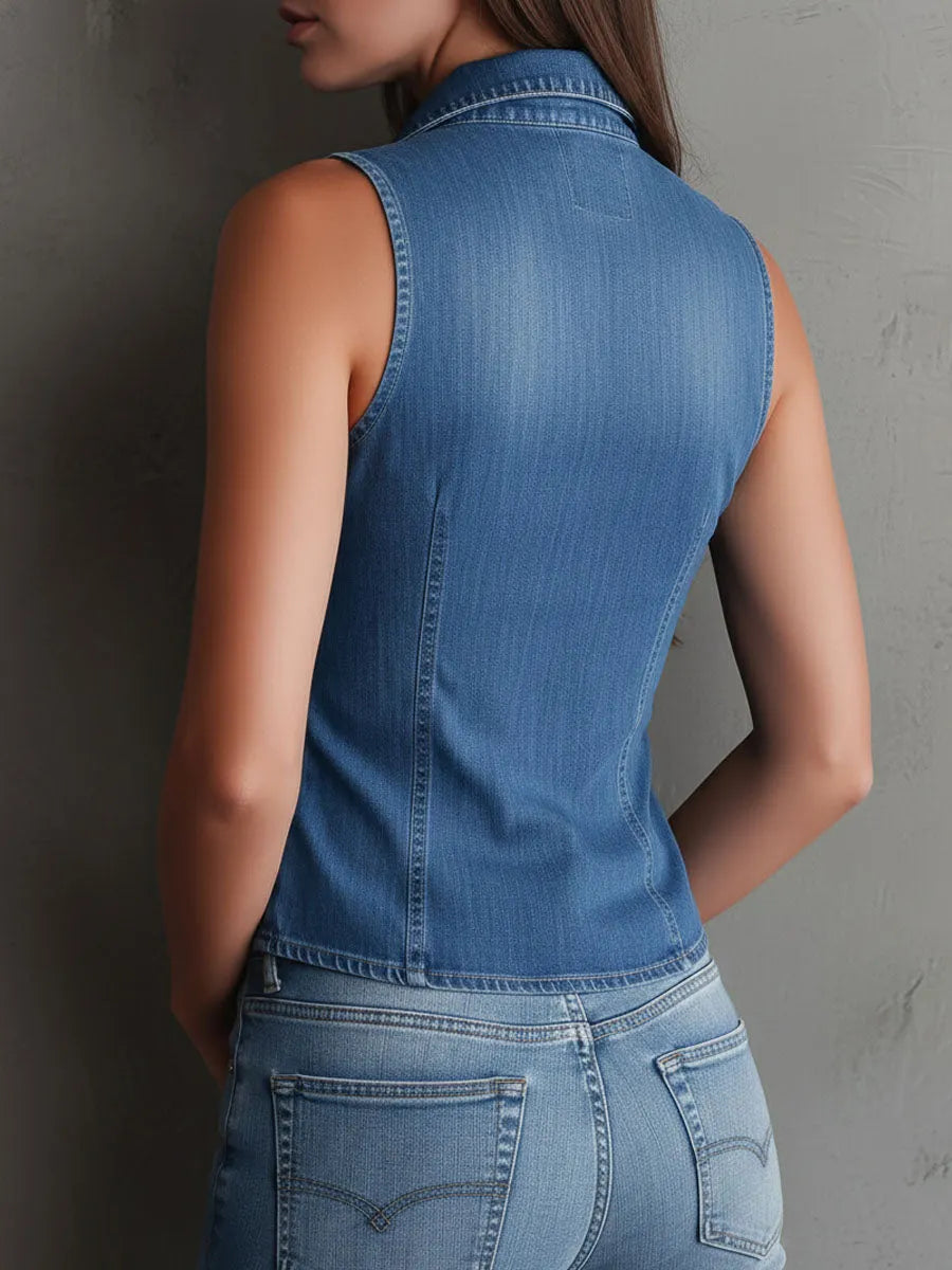 Boho Denim Ruffle Button Front Corset Sleeveless Vest