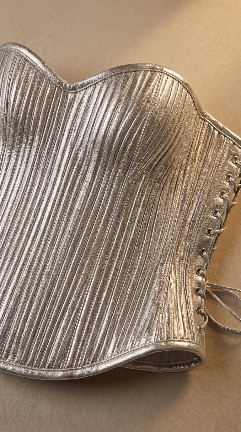 Metallic Pleated Strapless Corset Top with Lace-Up Detail