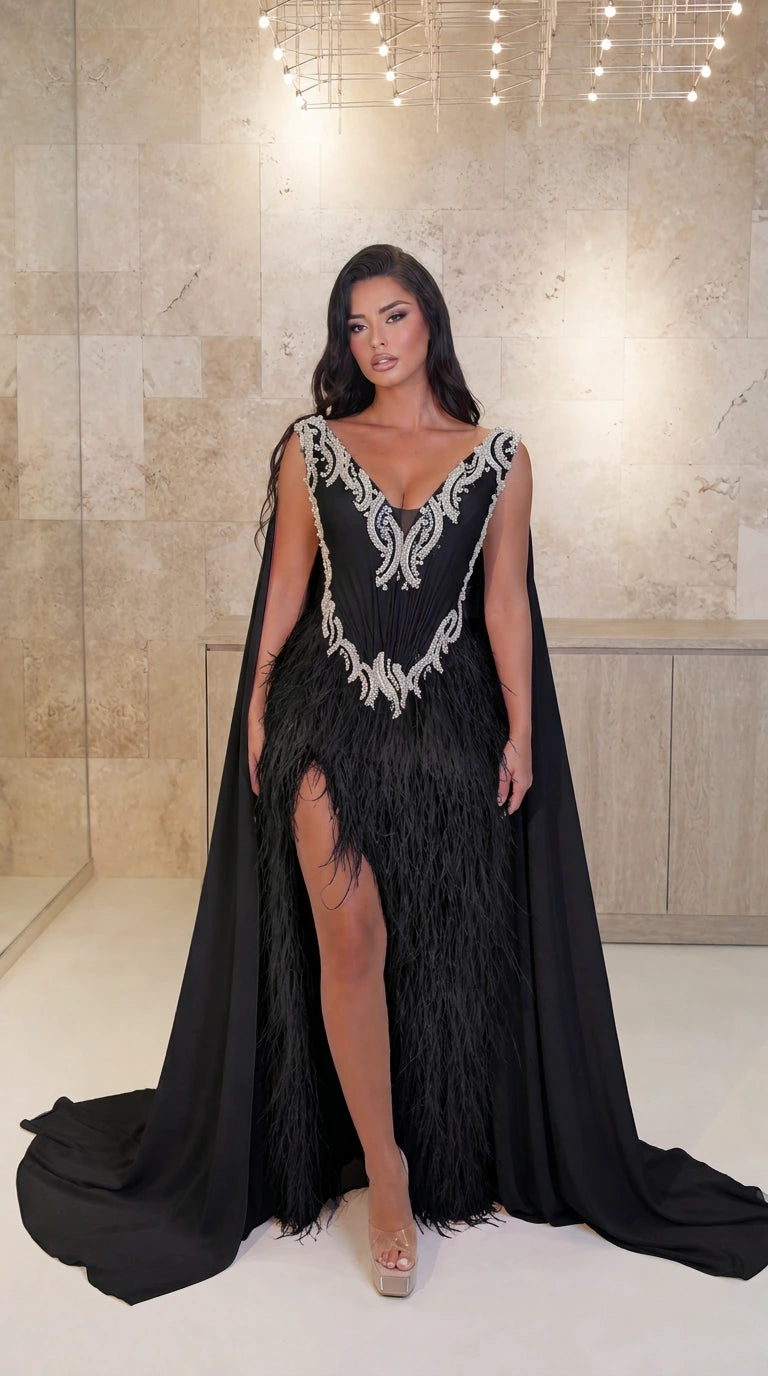 Embellished V-Neck Feather-Fringed Cape Evening Gown with Slit