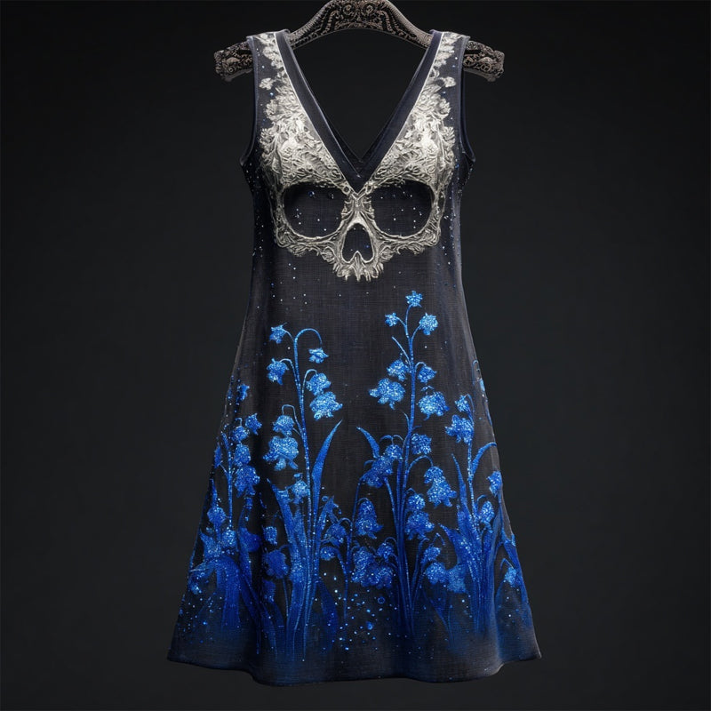Vintage Lily Of The Valley & Skull Embroidered Linen Mini Dress