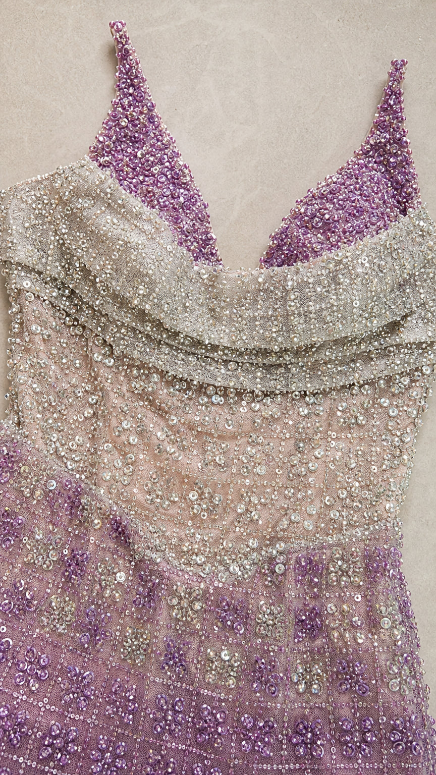 Sparkling Beaded Cowl Neck Mermaid Evening Gown