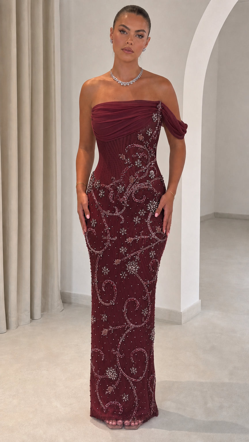 Off-the-Shoulder Draped Bodice Beaded Maxi Evening Gown