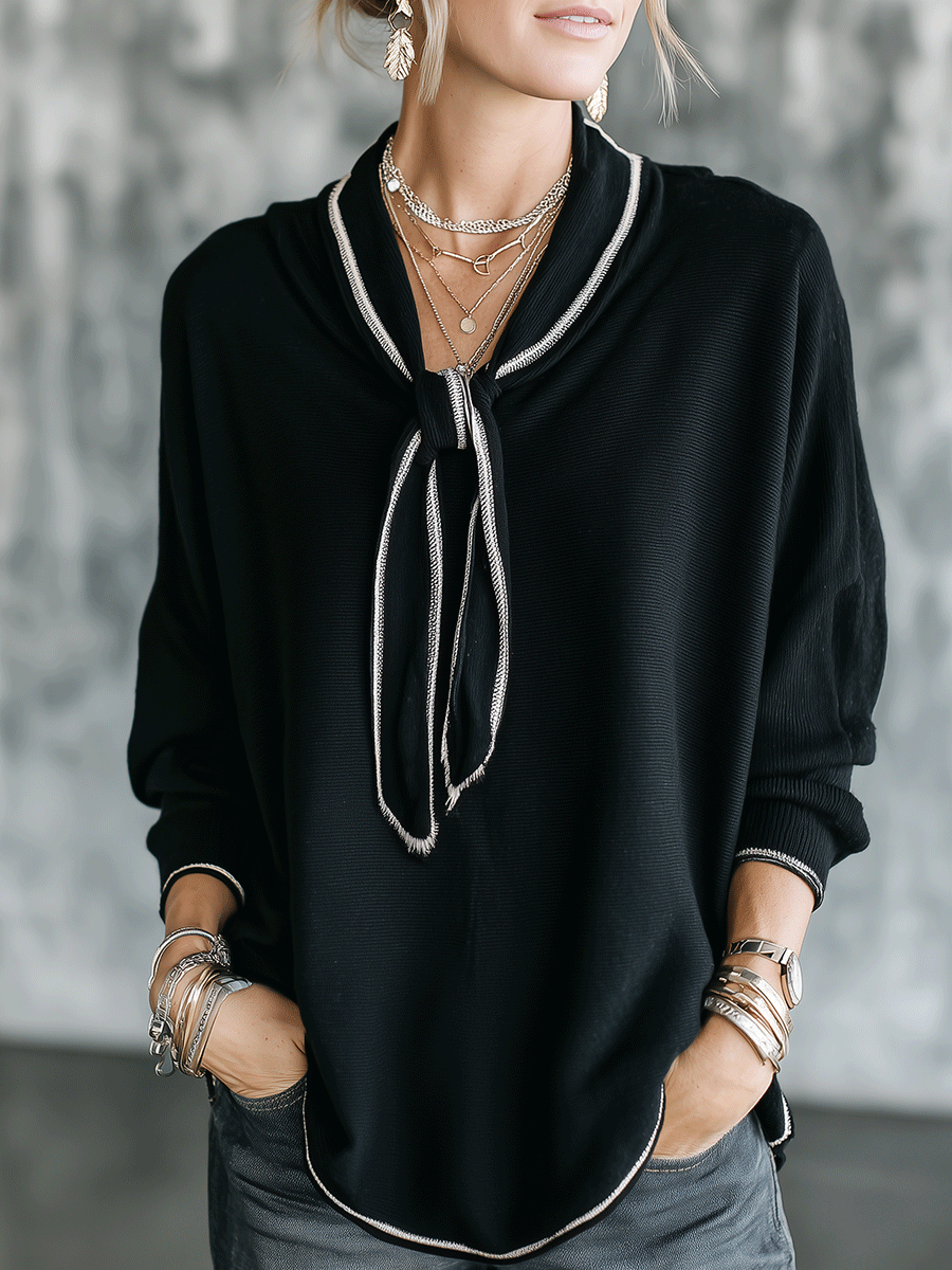 French Knit Draped-Fit Classic Black Contrast Piping Tie-Neck Blouse