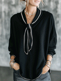 French Knit Draped-Fit Classic Black Contrast Piping Tie-Neck Blouse