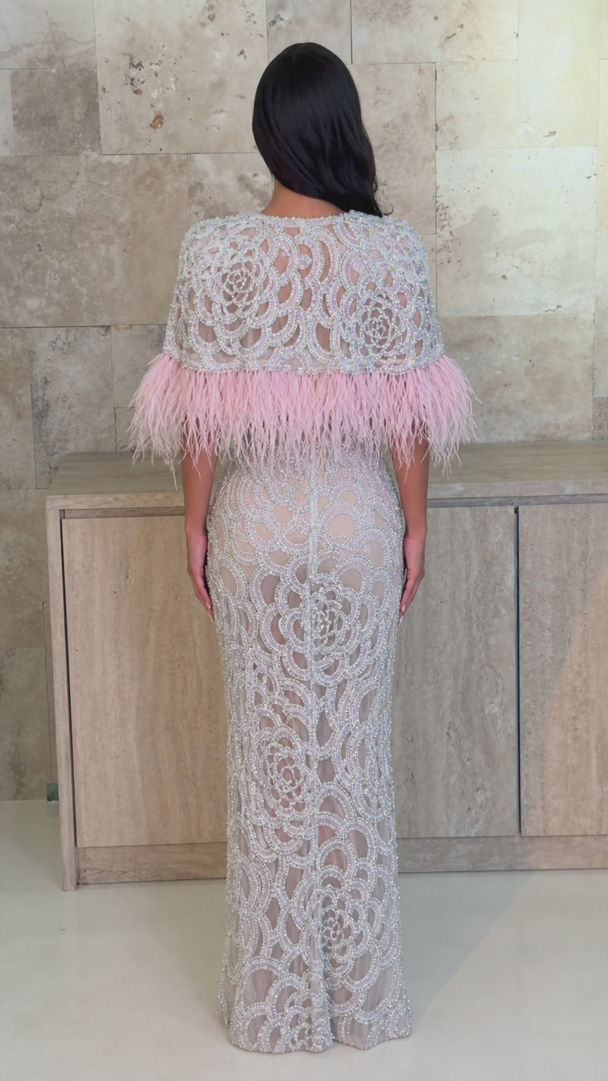 Embroidered Floral Beaded Evening Gown with Feather-Trim Capelet Set