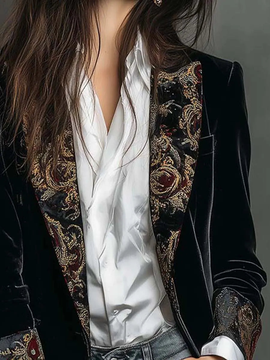 Timeless Vintage Luxury Black Velvet Blazer With Baroque Printed Lapel