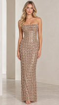 Strapless Grid Sequin Column Evening Gown