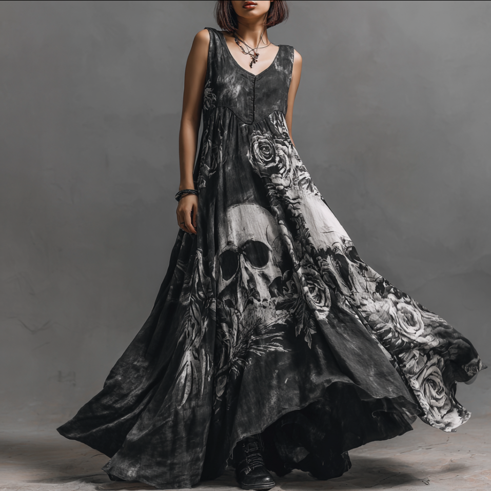 Halloween Gothic Skull Pattern Women's V-neck Long Dress