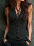 Vintage Black Pinstripe Fitted V Neck Waistcoat