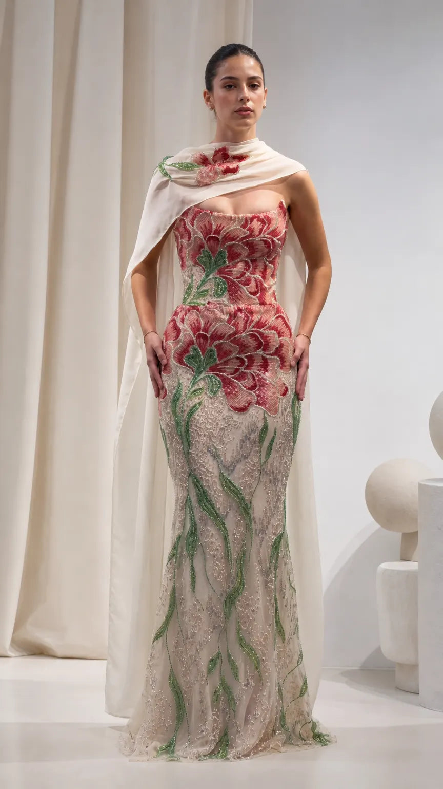 Floral Beaded Strapless Mermaid Evening Gown with Draped Cape