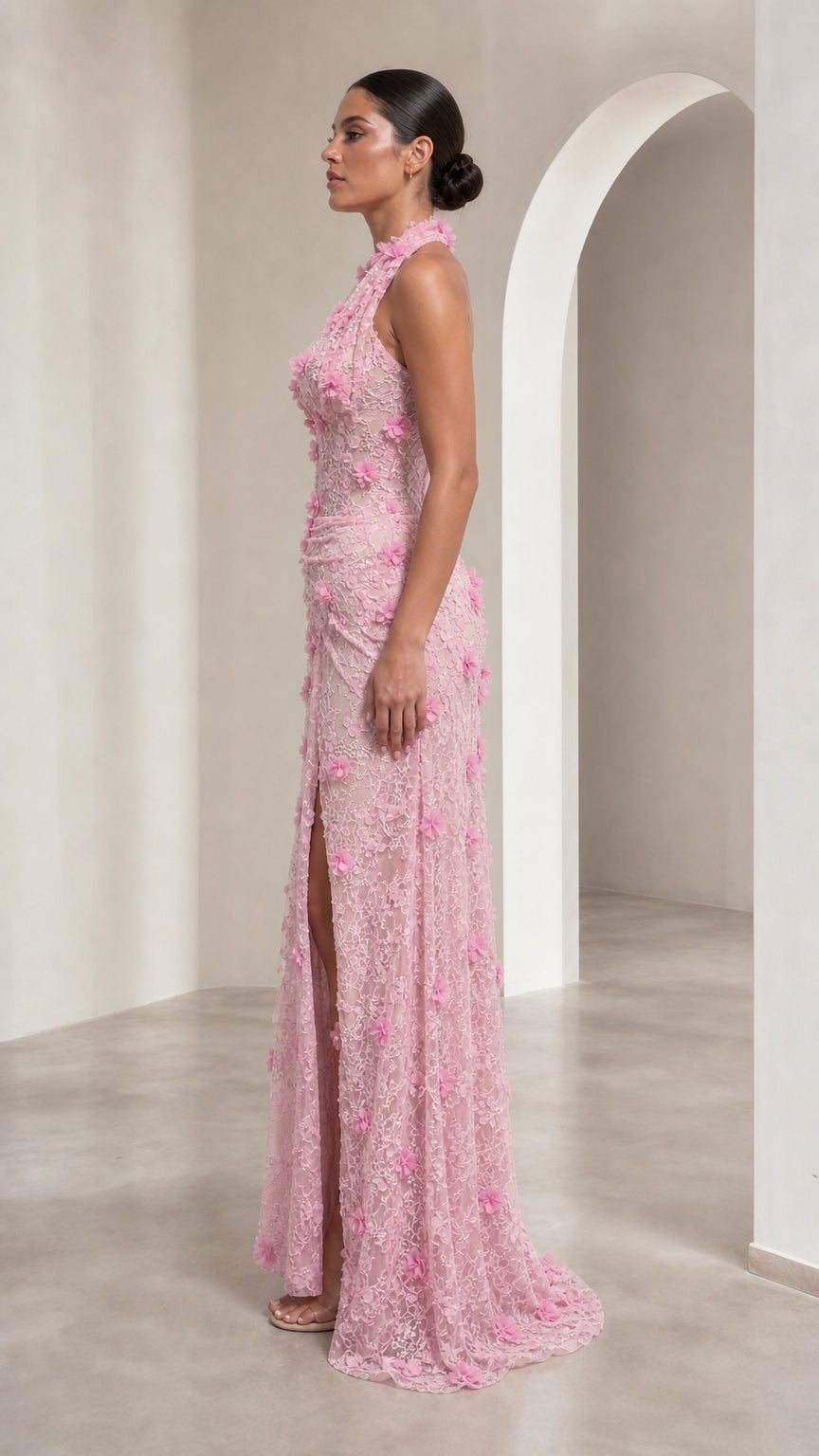 3D Floral Appliqué Halter Neck Maxi Evening Dress with High Slit