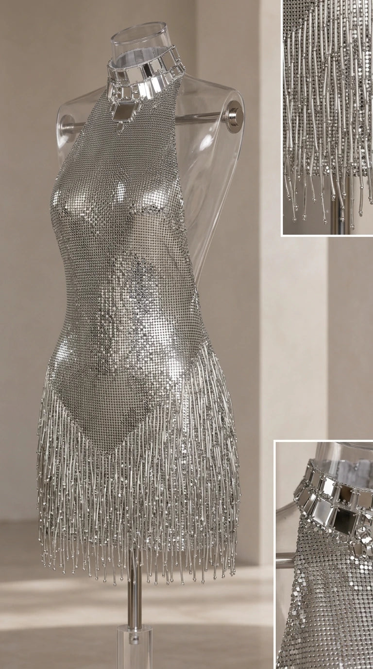 Halter Neck Backless Sequin Fringe Mini Dress
