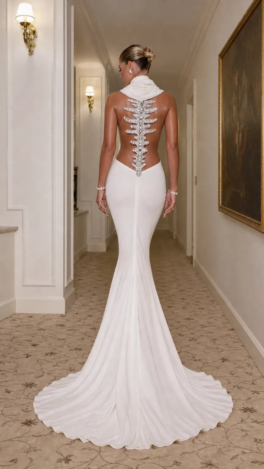 High Neck Backless Mermaid Maxi Gown with Crystal Spine Detail