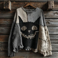 Halloween Black Cat Spooky Face Contrast Stitched Cozy Knit Sweater