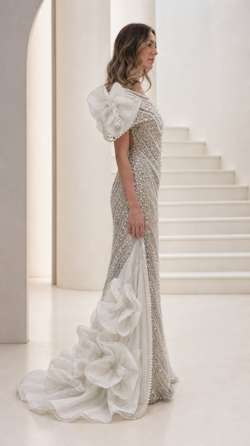 Off-the-Shoulder Pearl Beaded Mermaid Evening Gown with 3D Floral Train