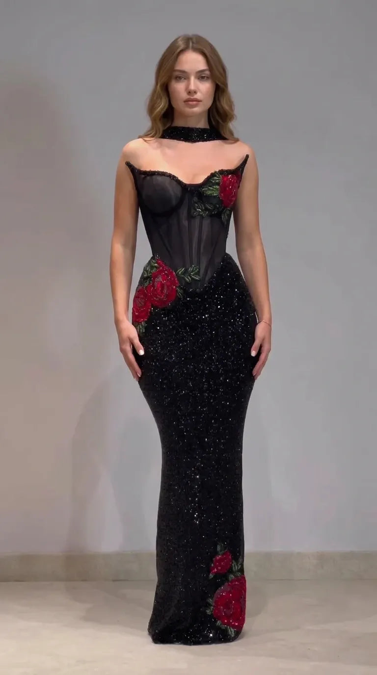 Embroidered Rose Boned Corset Sequin Mermaid Evening Gown with Choker