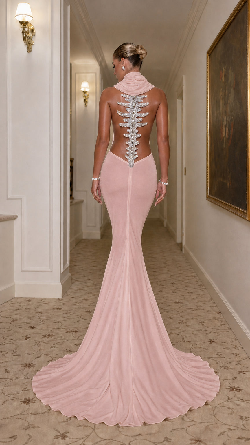 High Neck Backless Mermaid Maxi Gown with Crystal Spine Detail