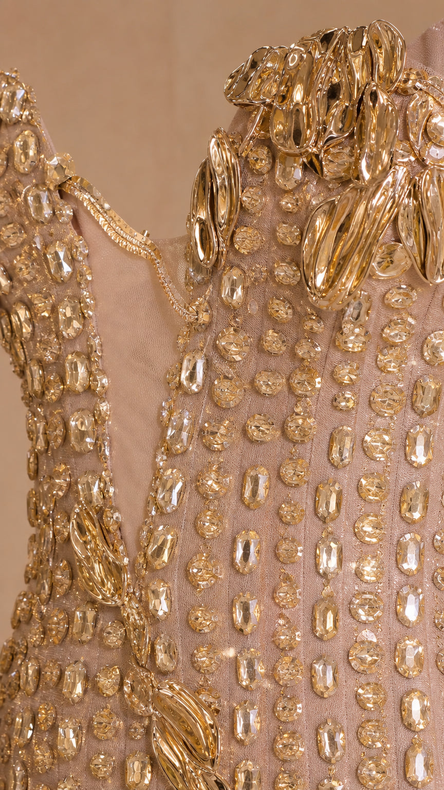 Strapless Rhinestone Embellished Evening Gown with Sculptural Plunge Neckline