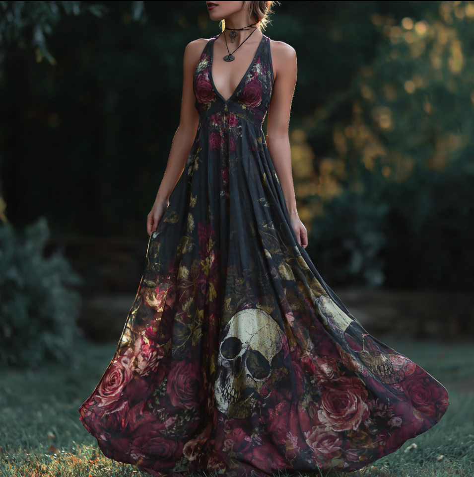 Halloween Theme Rose And Skull Pattern Women's V-neck Long Dress