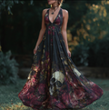 Halloween Theme Rose And Skull Pattern Women's V-neck Long Dress