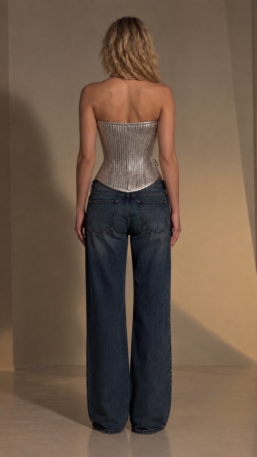 Metallic Pleated Strapless Corset Top with Lace-Up Detail