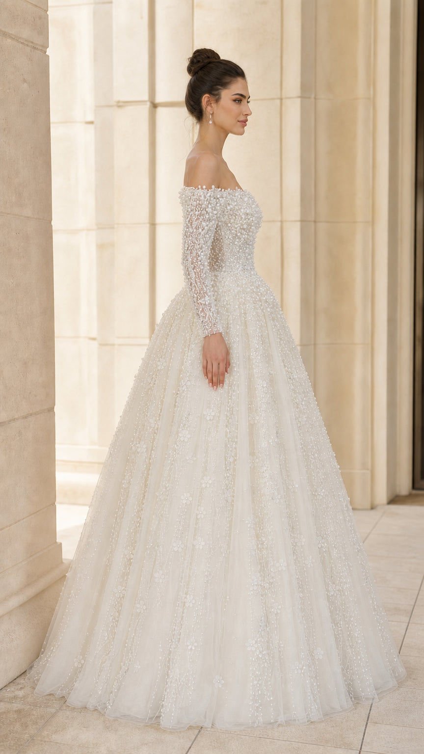 Off-the-Shoulder Long Sleeve Pearl Beaded Ball Gown