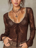 Boho Sheer Brown Lace Blouse Contrast Cream Lace Trim V‐Neck Front Tie Knot Top