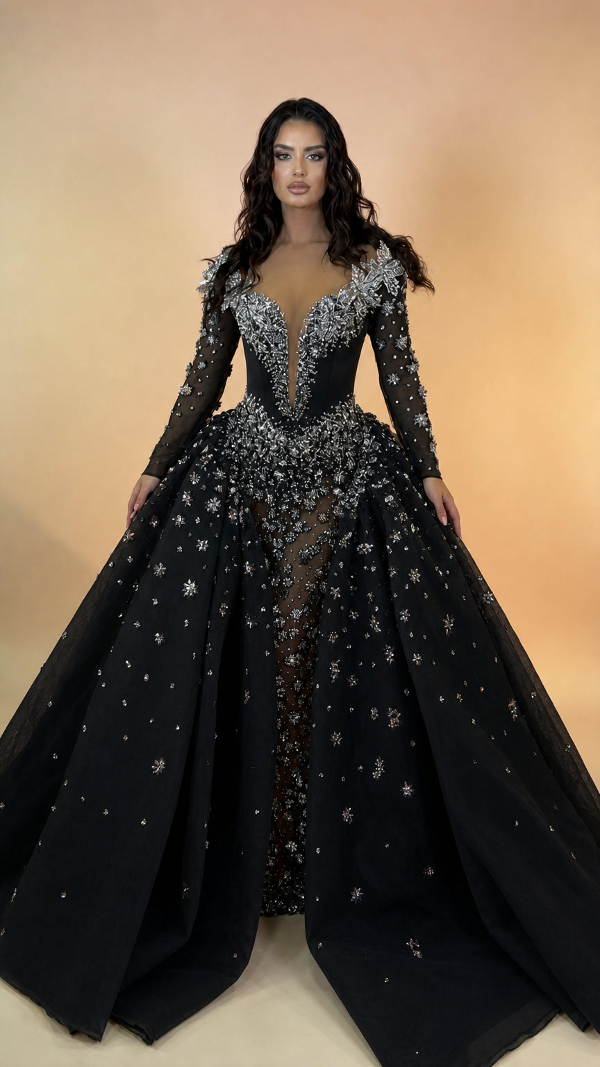Crystal Embellished Illusion Neckline Long Sleeve Ball Gown with Overskirt