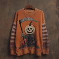Halloween Pumpkin Ghoul Embroidered Striped Cozy Knitted Sweater