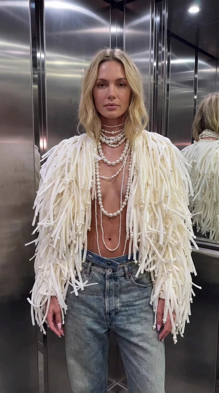 Faux Pearl Embellished Shaggy Fringe Jacket with Open Front