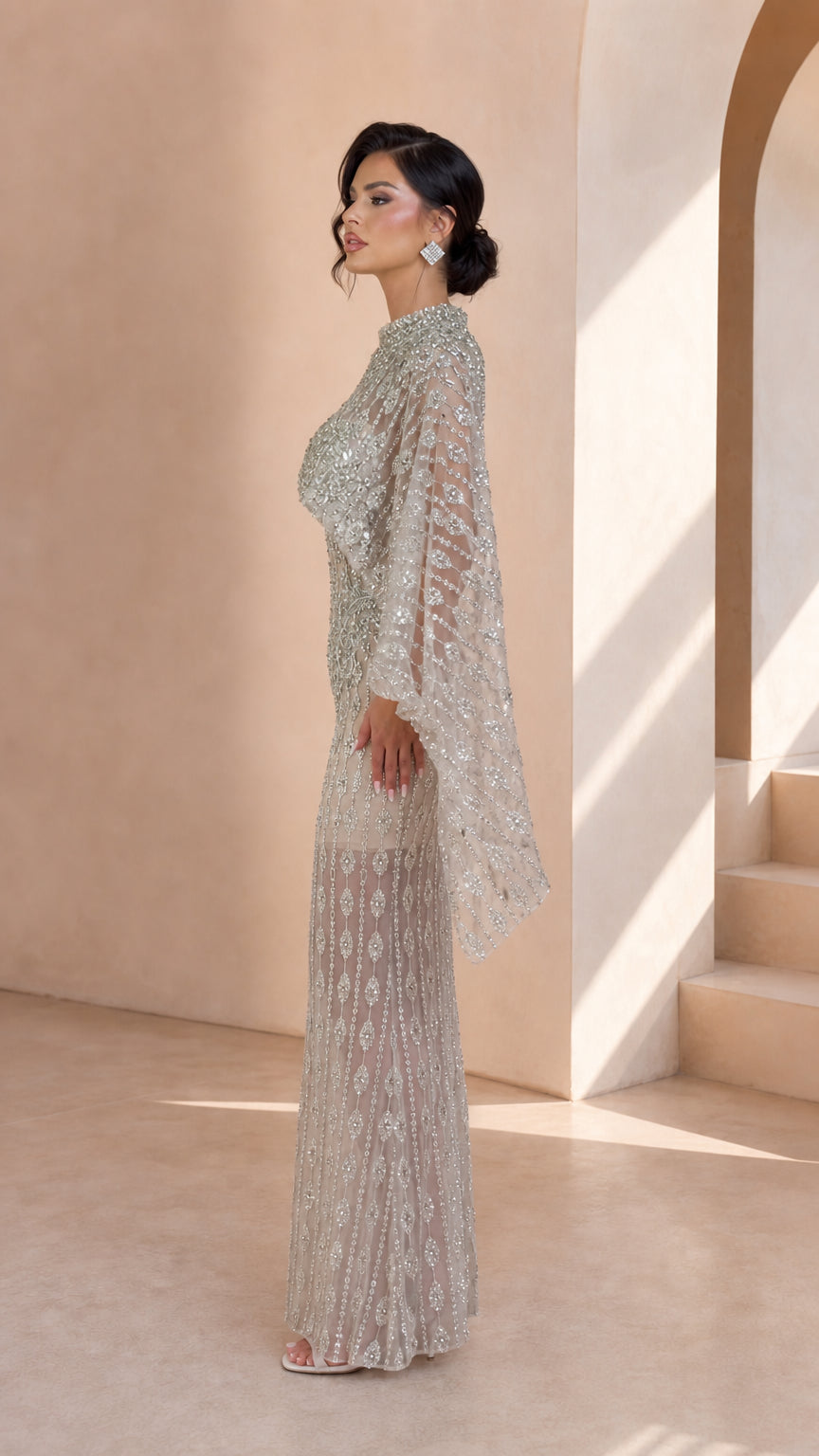 Embellished Cape Sleeve High Neck Formal Evening Maxi Dress