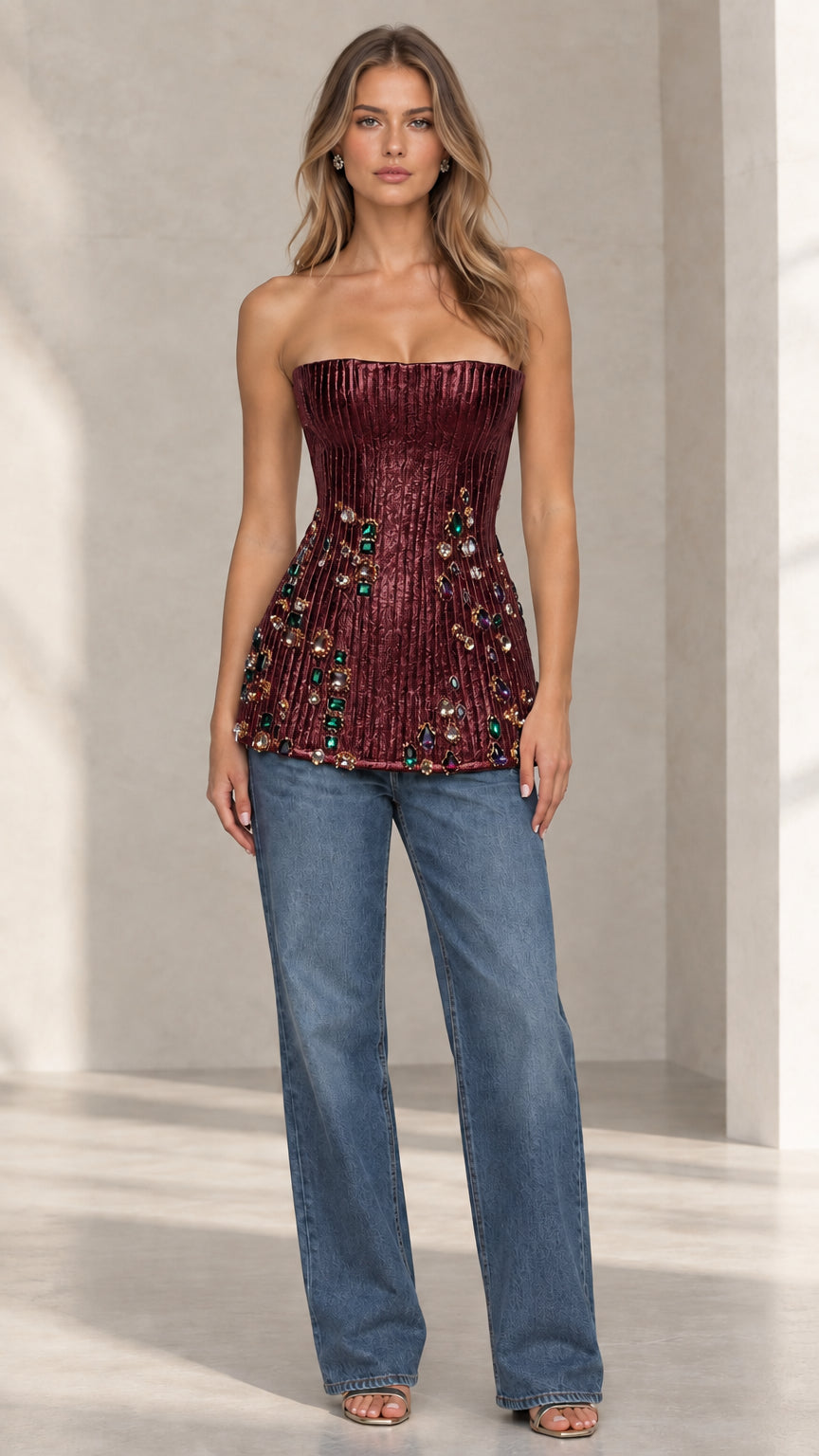 Strapless Metallic Pleated Embellished Corset Top