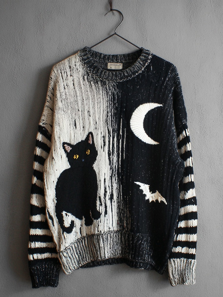 Halloween Black Cat & Bat Contrast Striped Sleeve Knitted Sweater