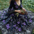 Vintage Witch Purple Flowers Glitter Embroidered Medieval Dress