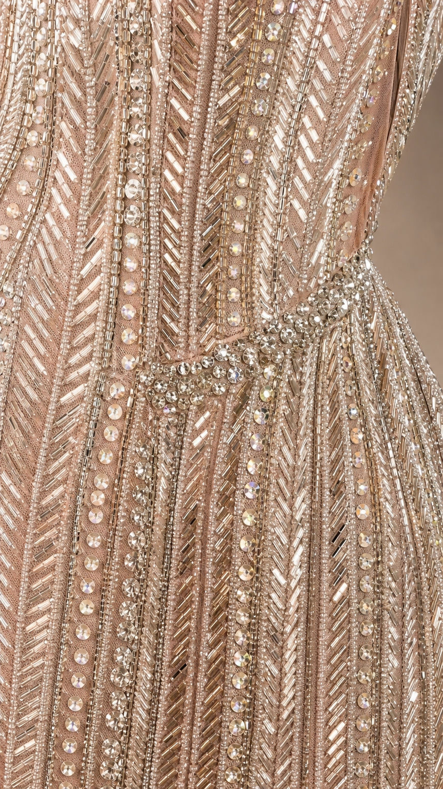 Halter Deep Plunge Beaded Maxi Evening Gown with Waist Cutouts