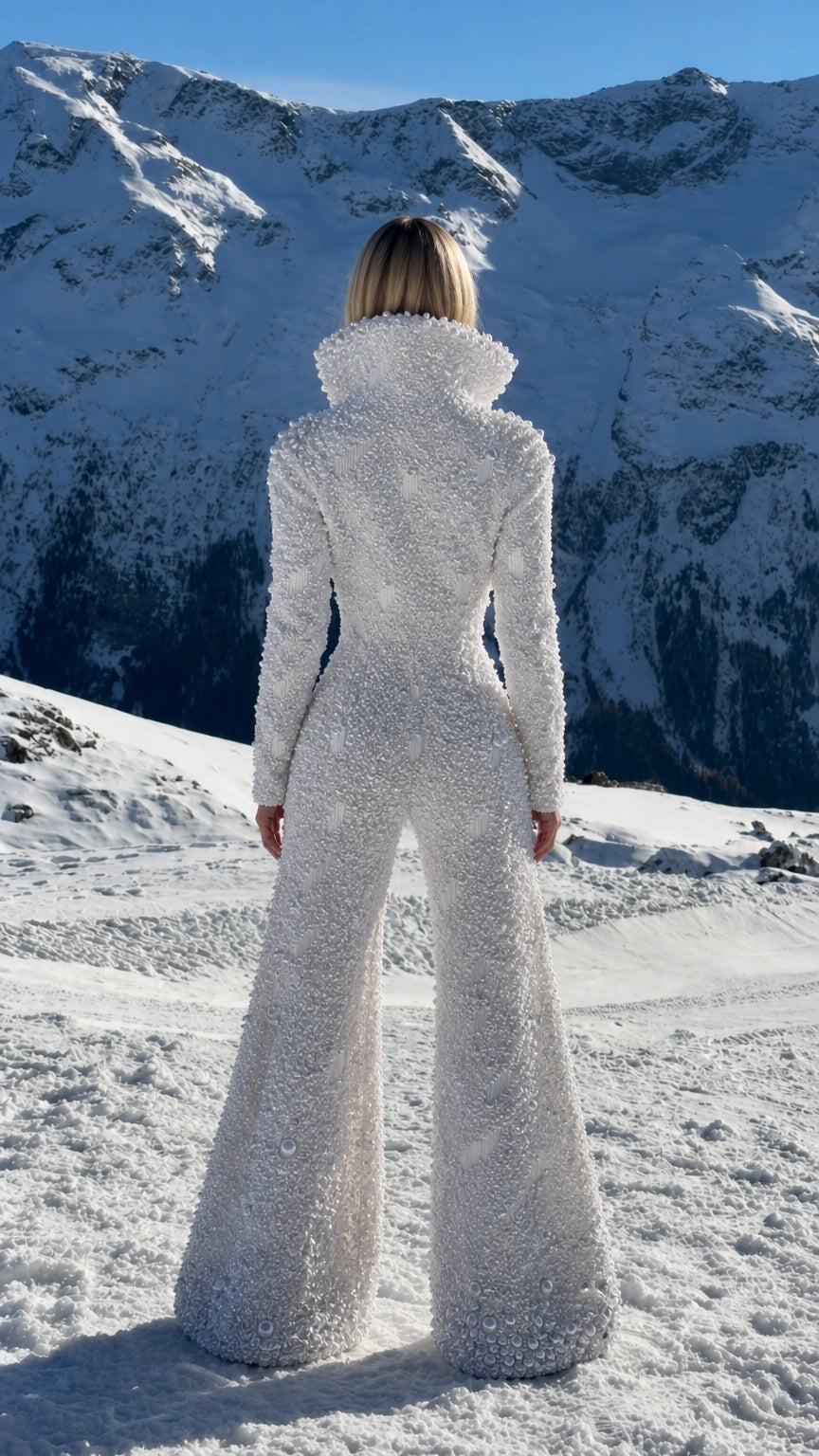 Pearl Embellished Hooded Flare Jumpsuit with Front Zipper