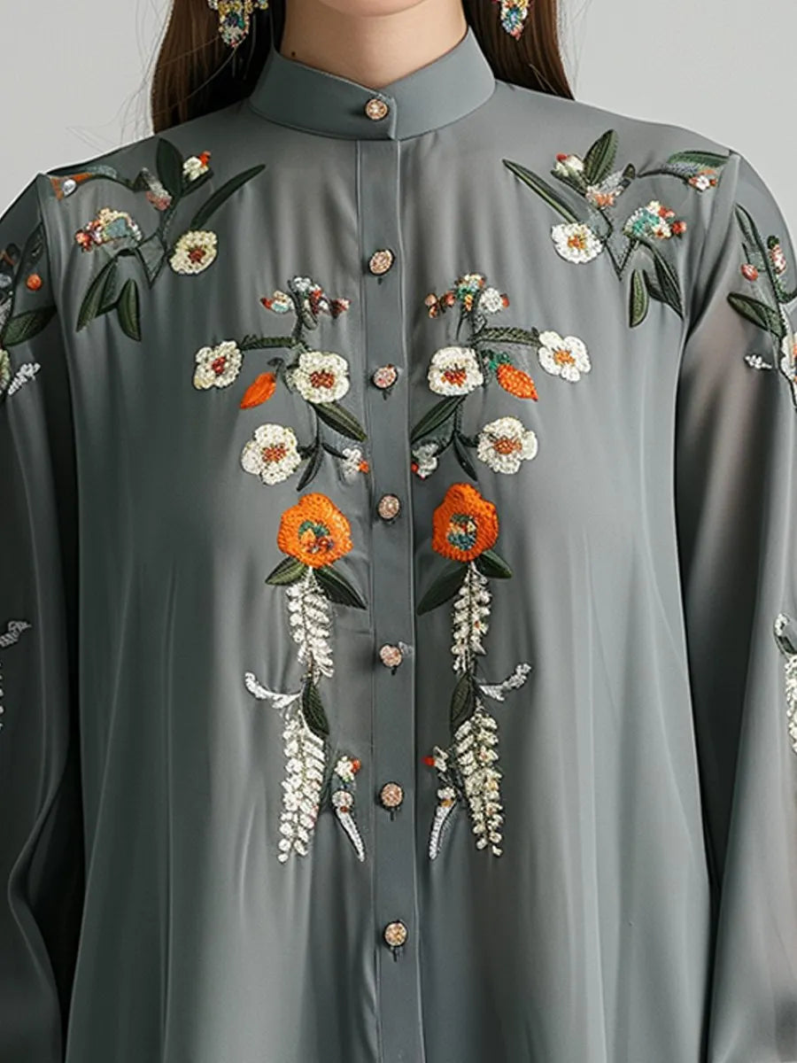 (clearance)Floral Embroidered Commuter Long-sleeved Shirt