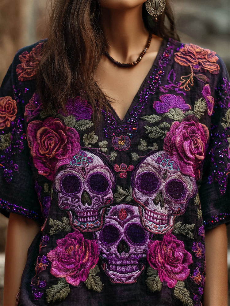 Day Of The Dead Glitter Purple Roses Sugar Skull Embroidered Linen Shirt