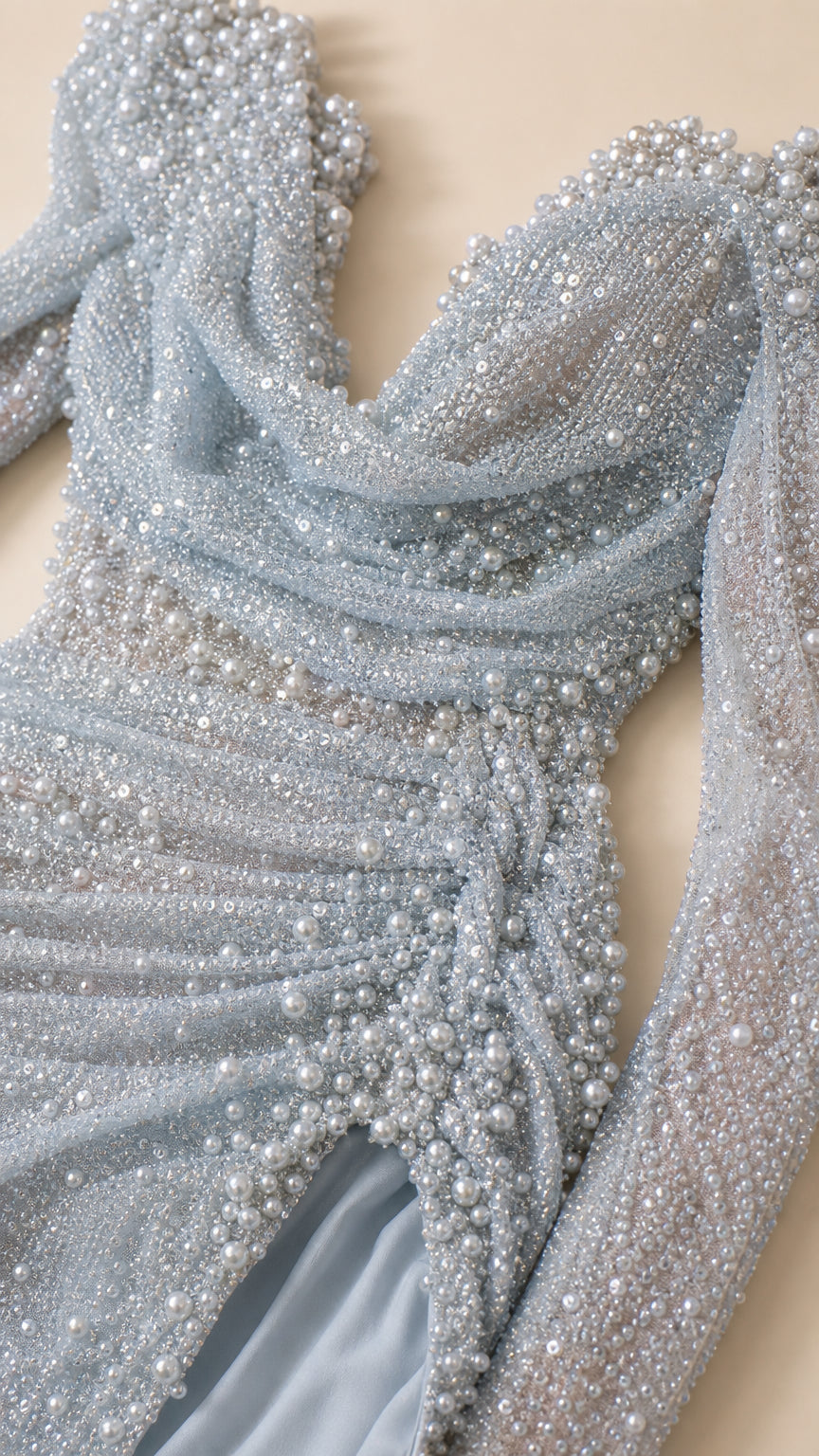 Sparkling Beaded Cowl Neck Long Sleeve Evening Gown with Slit